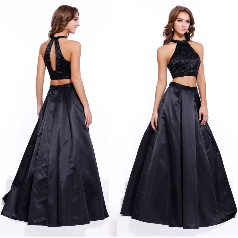 NWT Black Full Length Satin Beaded Two-Piece Formal Gown